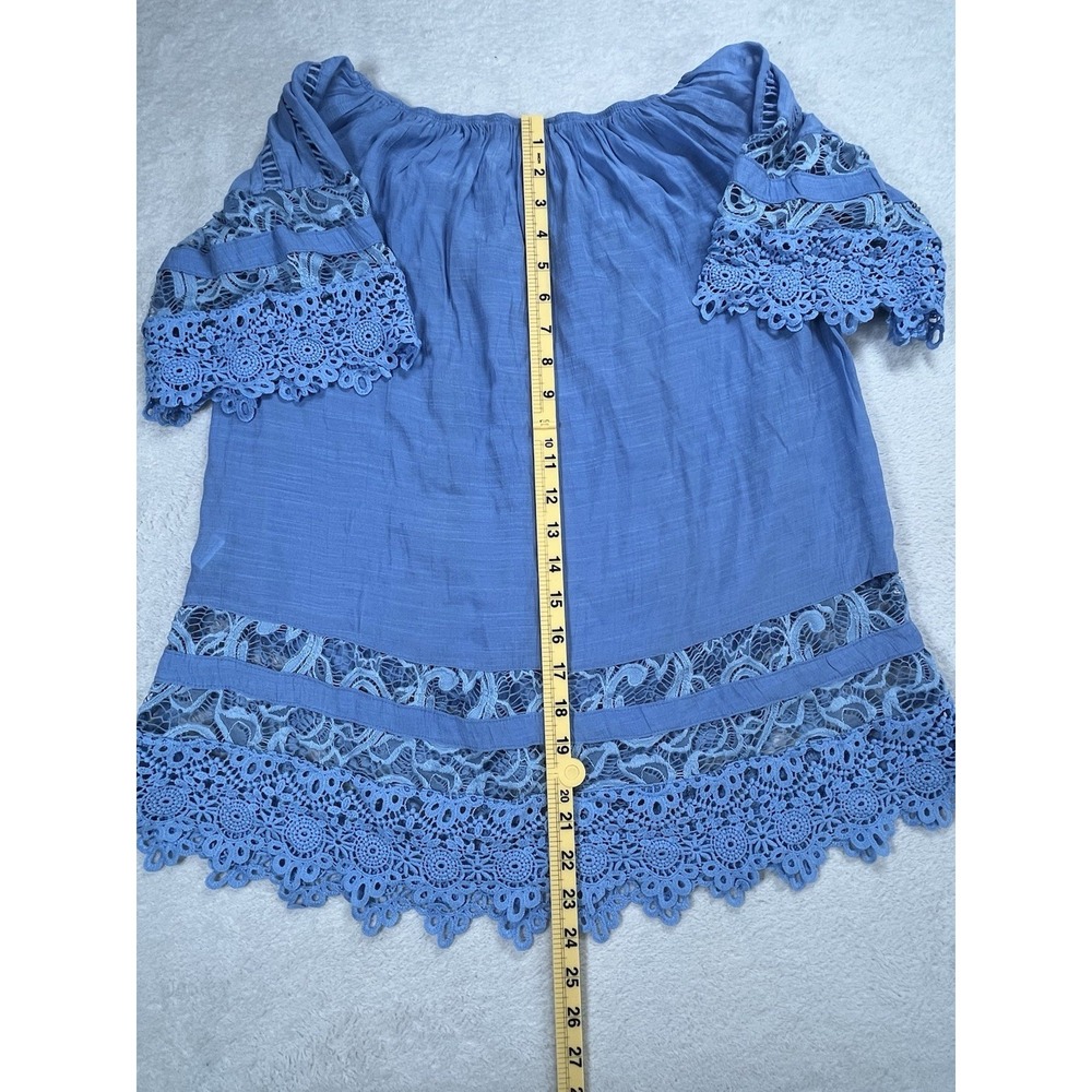 Lynn Ryan Boho Lace Top Large Blue Off Shoulder Crochet Trim Peasant Festival - Picture 7 of 8